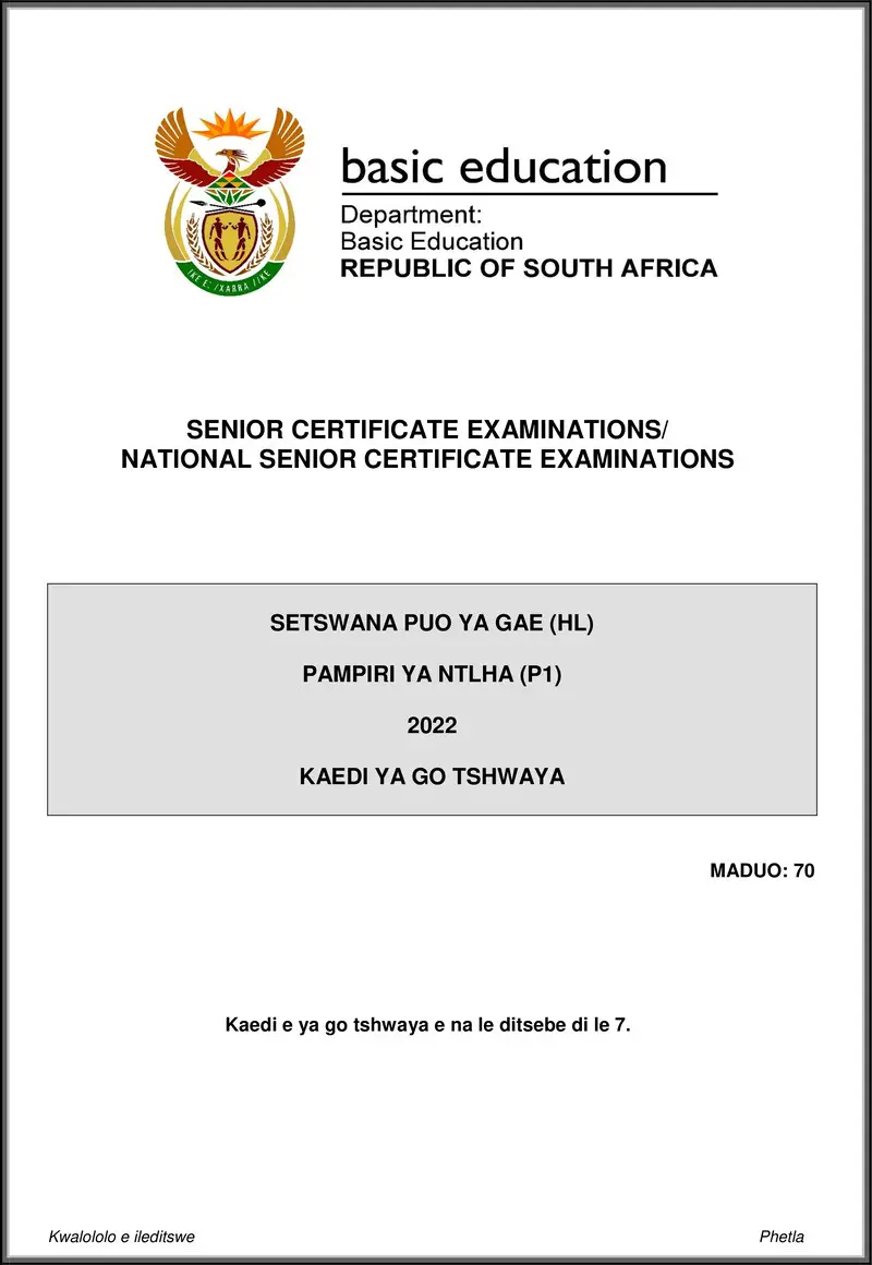 Grade 12 Setswana past paper 2022 – setswana hl p1 may june 2022 mg gr12