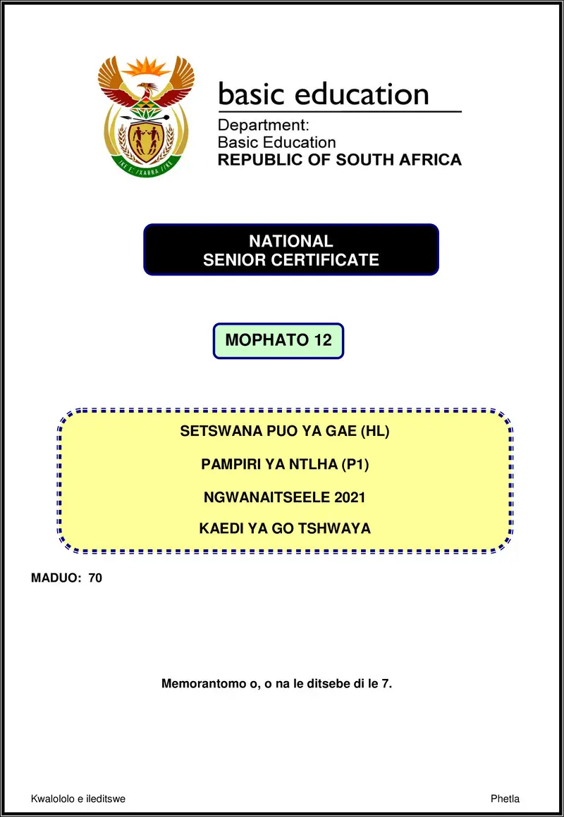 Grade 12 Setswana past paper 2021 – setswana hl p1 nov 2021 mg gr12