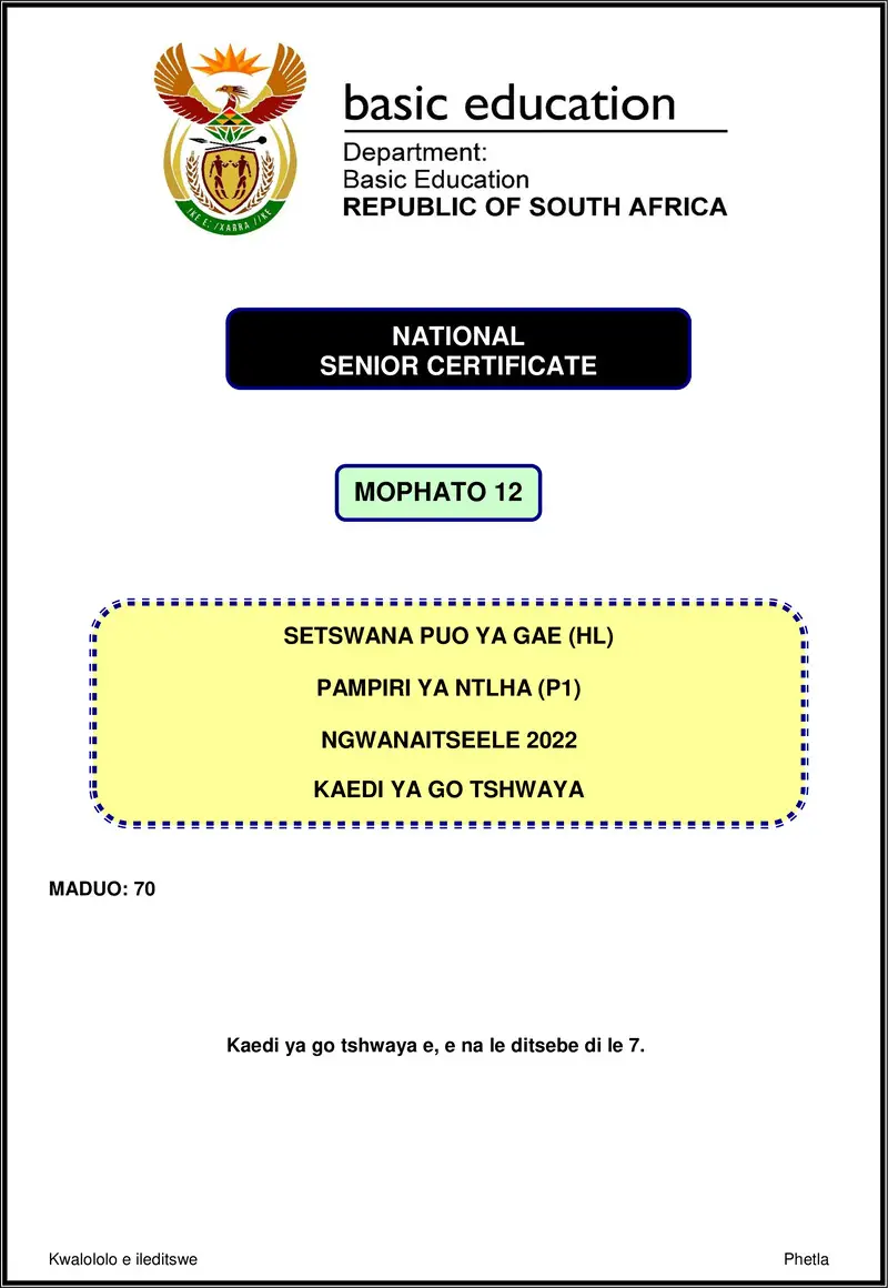Grade 12 Setswana past paper 2022 – setswana hl p1 nov 2022 mg gr12