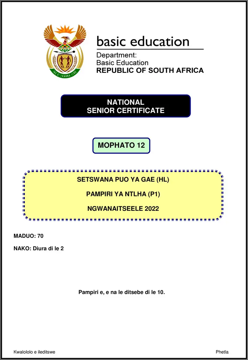 Grade 12 Setswana past paper 2022 – setswana hl p1 nov 2022 gr12