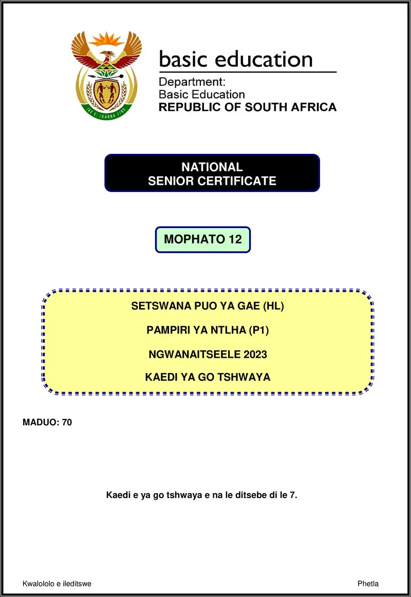 Grade 12 Setswana past paper 2023 – setswana hl p1 nov 2023 mg gr12