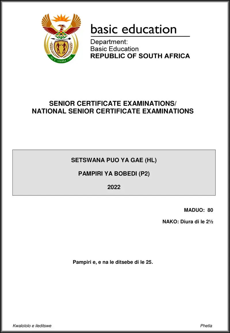 Grade 12 Setswana past paper 2022 – setswana hl p2 may june 2022 gr12