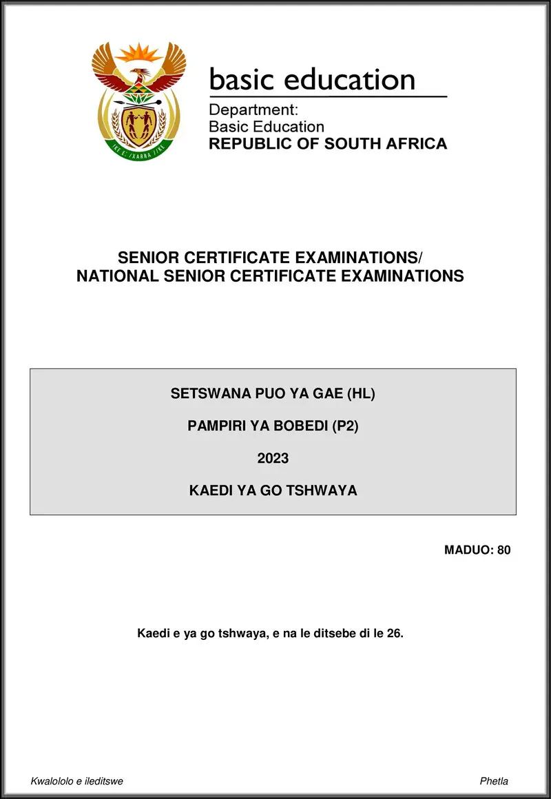 Grade 12 Setswana past paper 2023 – setswana hl p2 may june 2023 mg gr12
