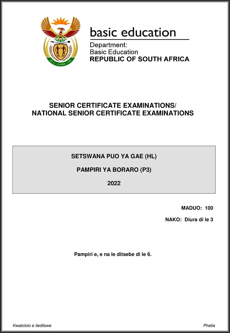 Grade 12 Setswana past paper 2022 – setswana hl p3 may june 2022 gr12