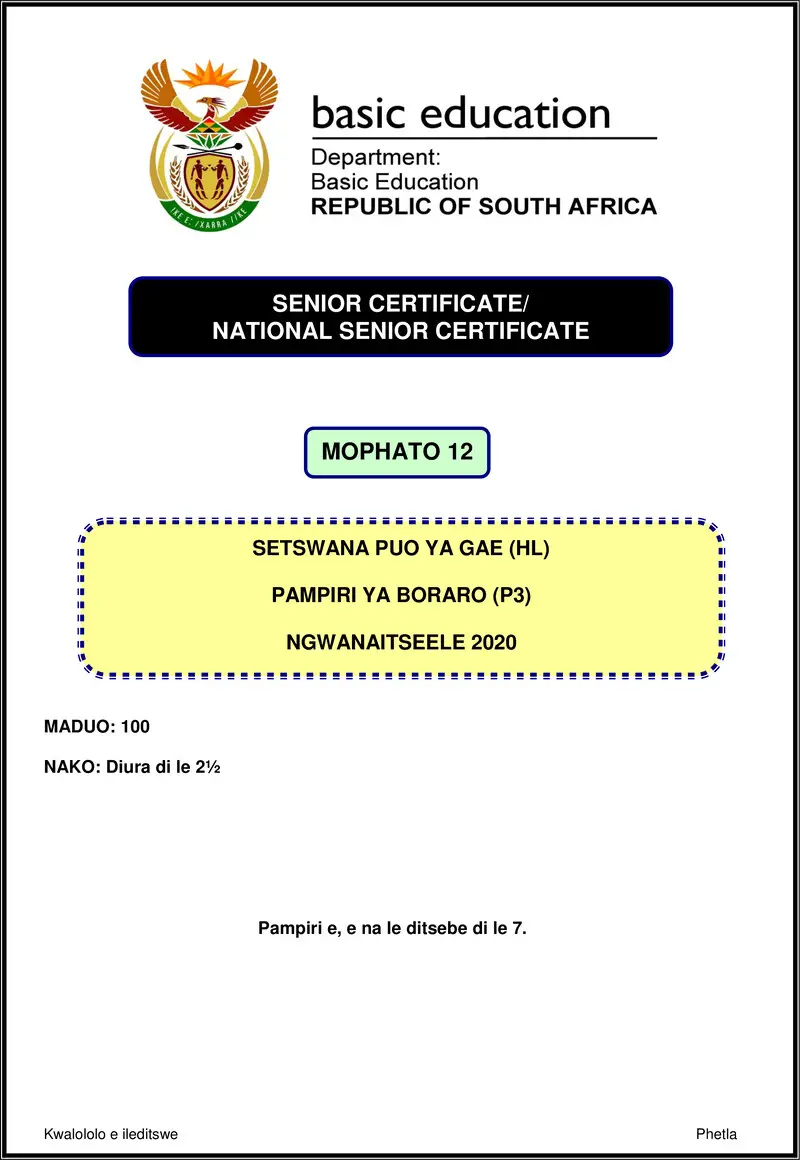 Grade 12 Setswana past paper 2020 – setswana hl p3 nov 2020 gr12
