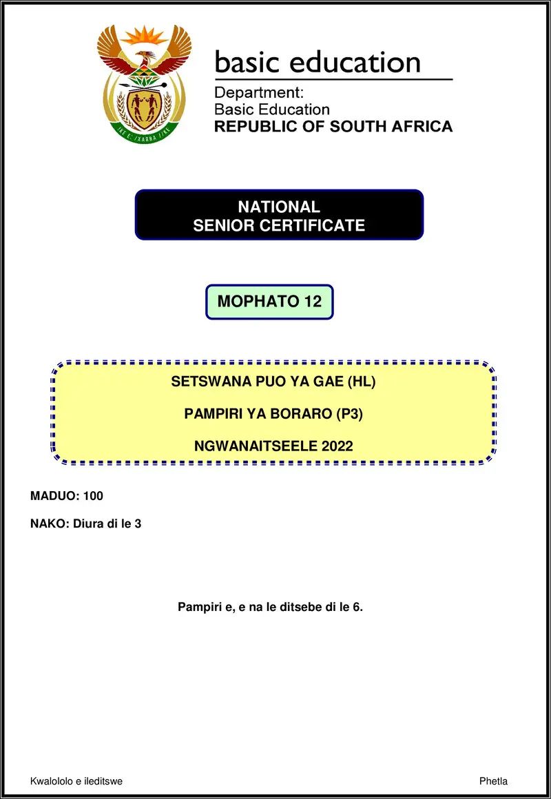 Grade 12 Setswana past paper 2022 – setswana hl p3 nov 2022 gr12