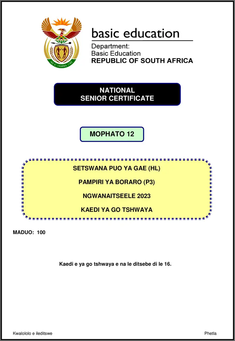 Grade 12 Setswana past paper 2023 – setswana hl p3 nov 2023 mg gr12
