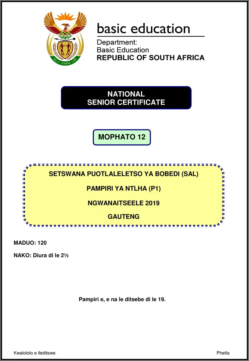 Grade 12 Setswana past paper 2019 – setswana sal p1 nov 2019 gauteng gr12