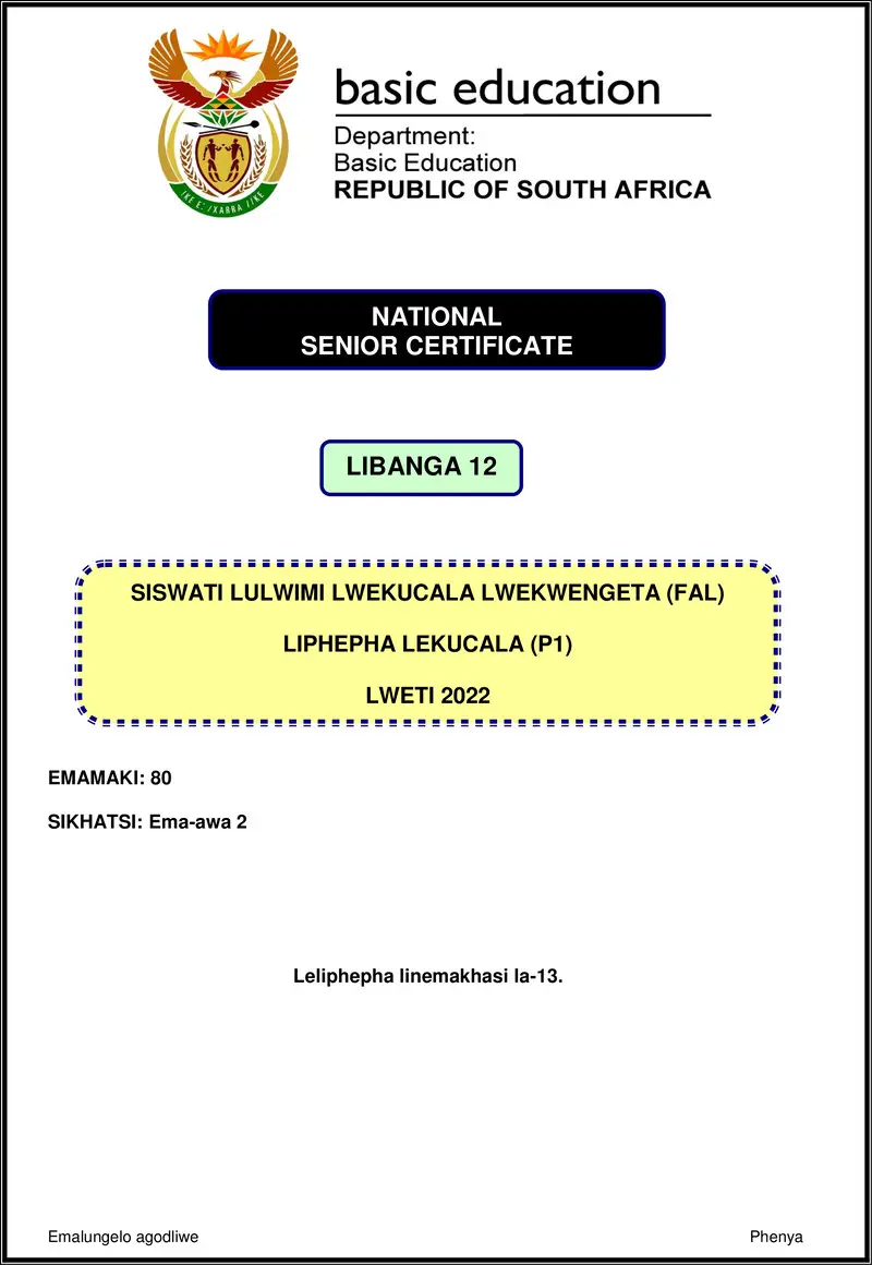 Grade 12 Siswati past paper 2022 – siswati fal p1 nov 2022 gr12