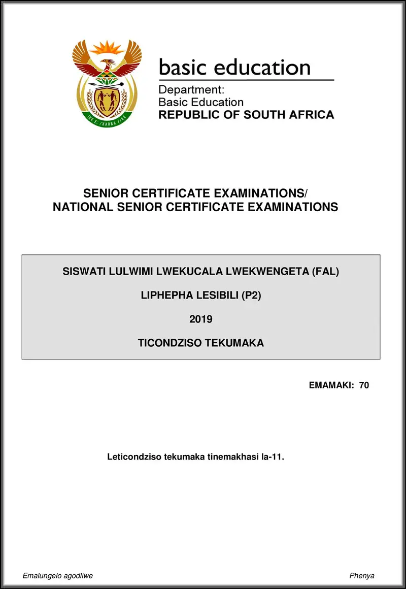 Grade 12 Siswati past paper 2019 – siswati fal p2 may june 2019 memo gr12