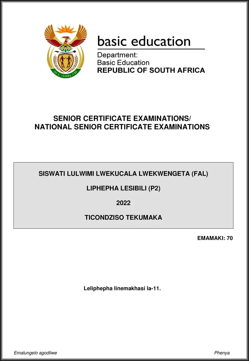 Grade 12 Siswati past paper 2022 – siswati fal p2 may june 2022 mg gr12