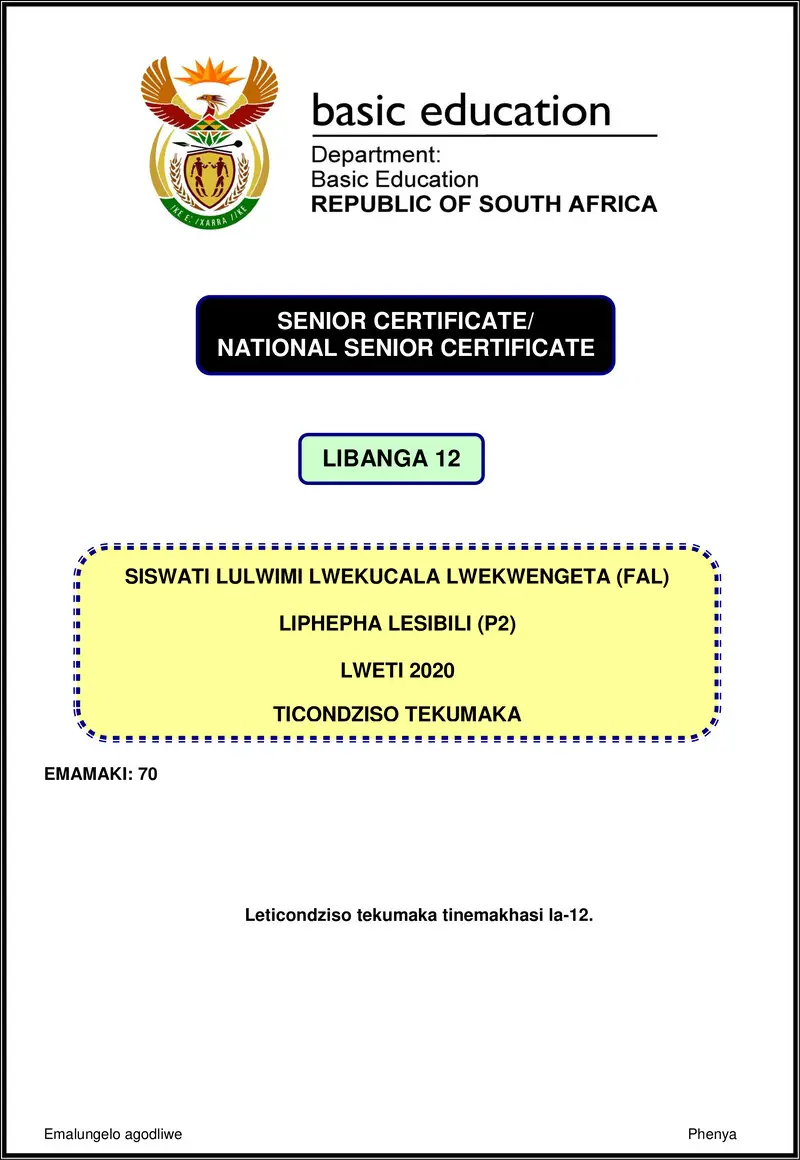 Grade 12 Siswati past paper 2020 – siswati fal p2 nov 2020 memo gr12