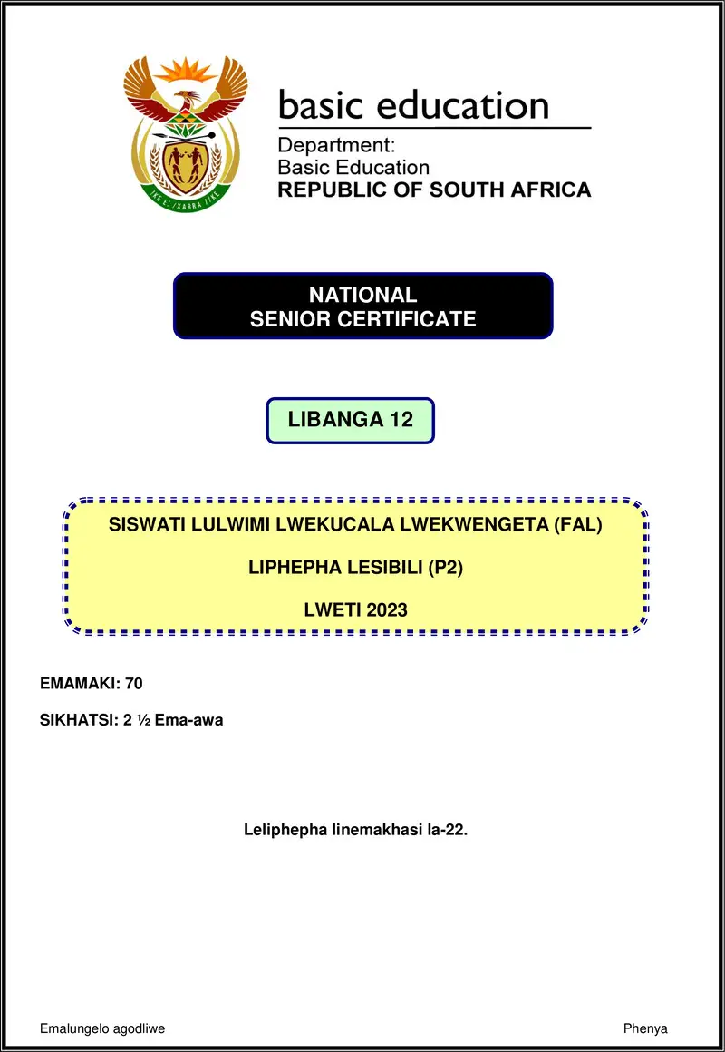 Grade 12 Siswati past paper 2023 – siswati fal p2 nov 2023 gr12