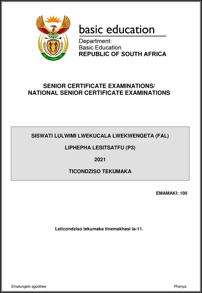 Grade 12 Siswati past paper 2021 – siswati fal p3 may june 2021 mg gr12