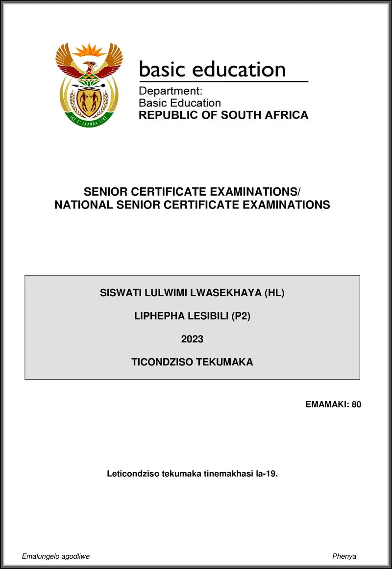 Grade 12 Siswati past paper 2023 – siswati hl p2 may june 2023 mg gr12