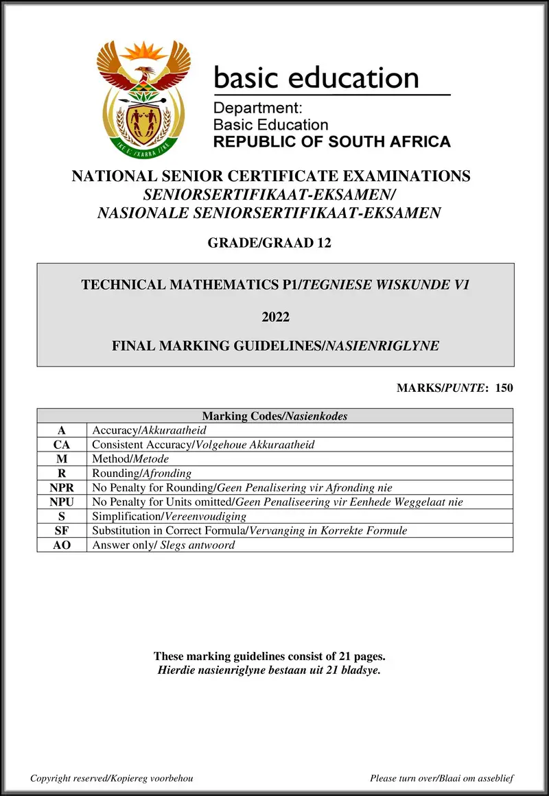 Grade 12 Mathematics past paper 2022 – technical mathematics p1 may june 2022 mg afr eng gr12