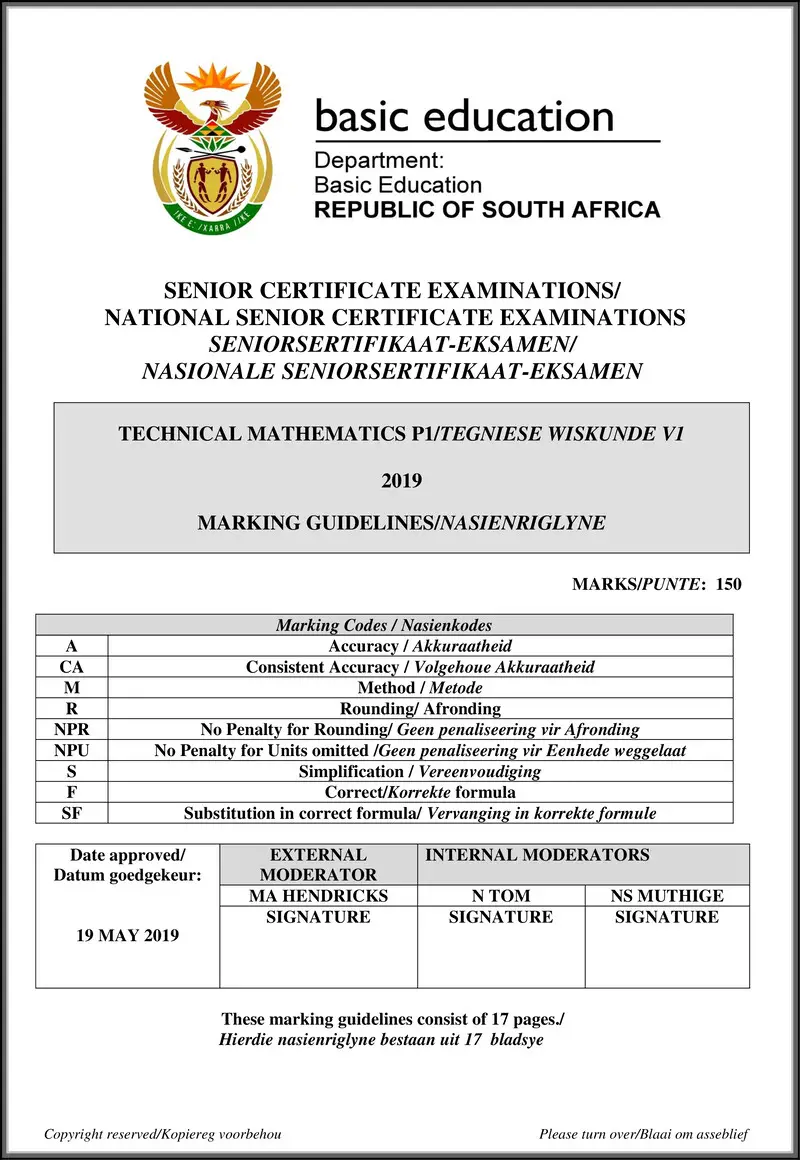 Grade 12 Mathematics past paper 2019 – technical mathematics p1 nov 2019 eng eng memo gr12