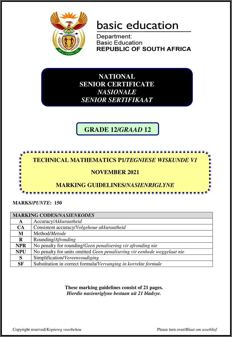 Grade 12 Mathematics past paper 2021 – technical mathematics p1 nov 2021 mg afr eng gr12