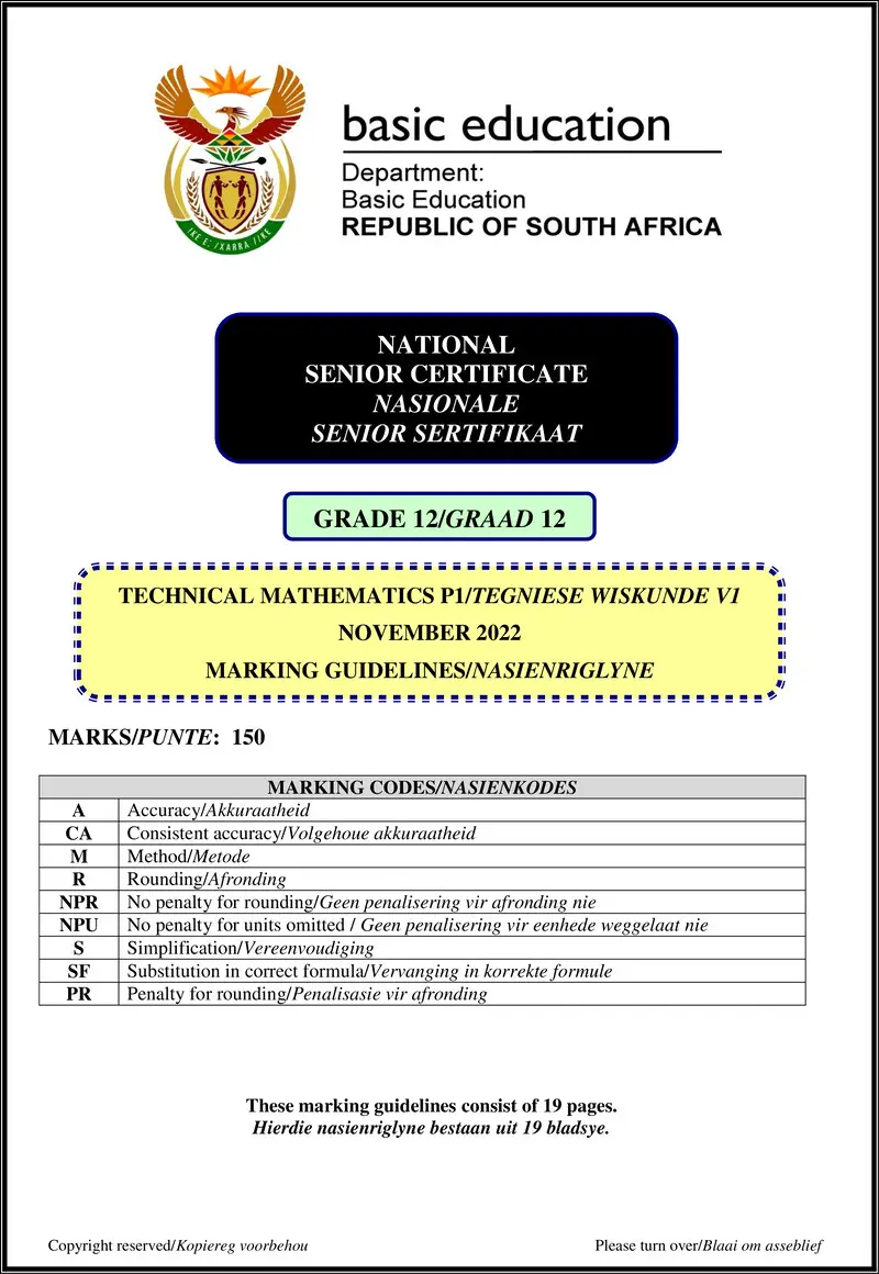 Grade 12 Mathematics past paper 2022 – technical mathematics p1 nov 2022 mg afr eng gr12
