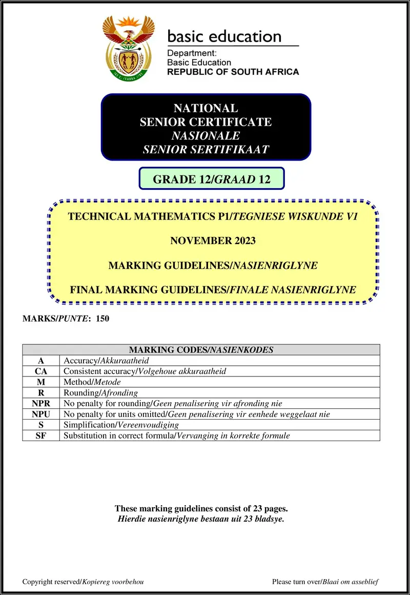 Grade 12 Mathematics past paper 2023 – technical mathematics p1 nov 2023 mg afr eng gr12