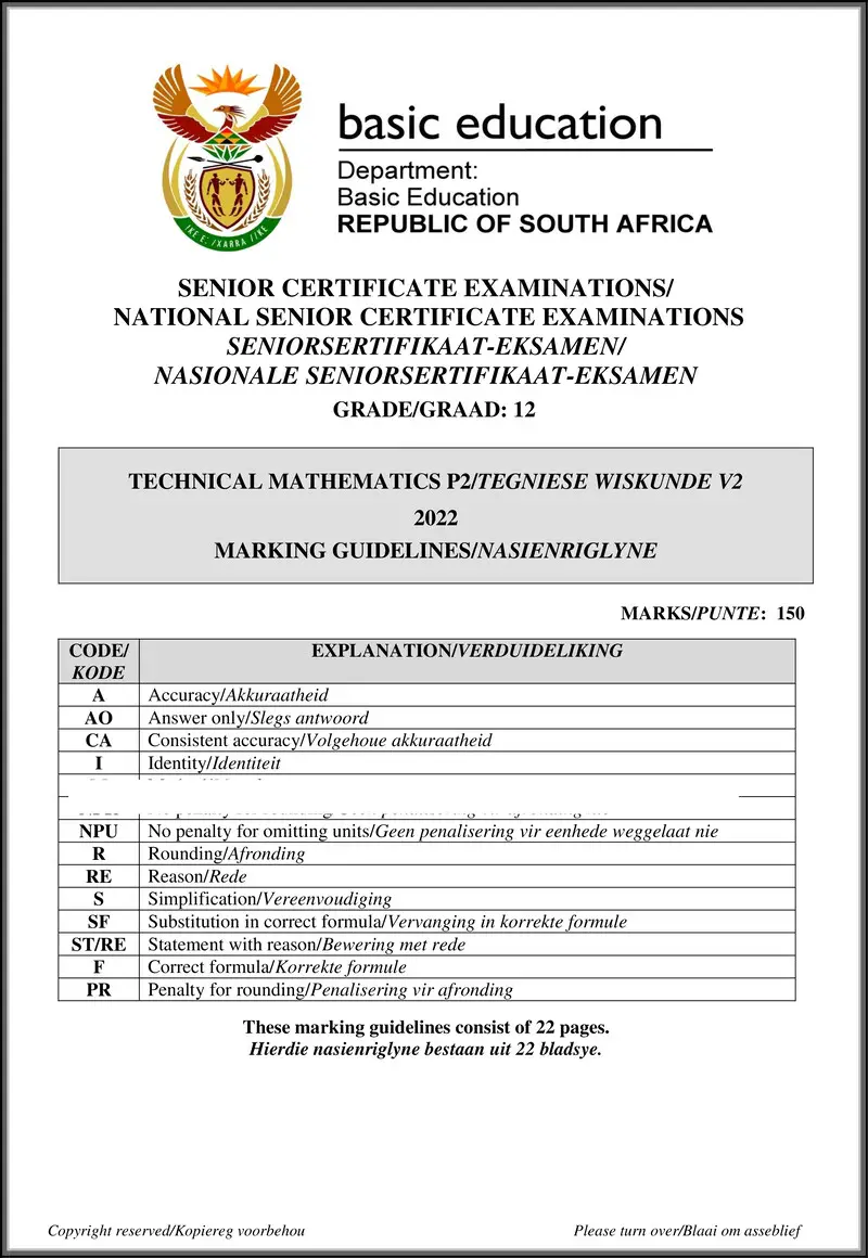 Grade 12 Mathematics past paper 2022 – technical mathematics p2 may june 2022 mg afr eng gr12