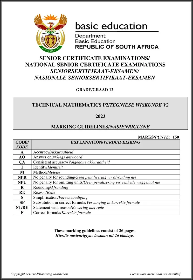Grade 12 Mathematics past paper 2023 – technical mathematics p2 may june 2023 mg afr eng gr12