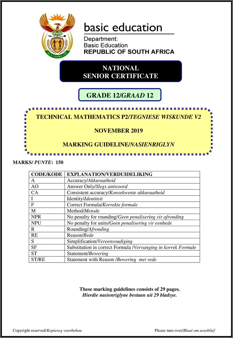 Grade 12 Mathematics past paper 2019 – technical mathematics p2 nov 2019 memo afr eng gr12