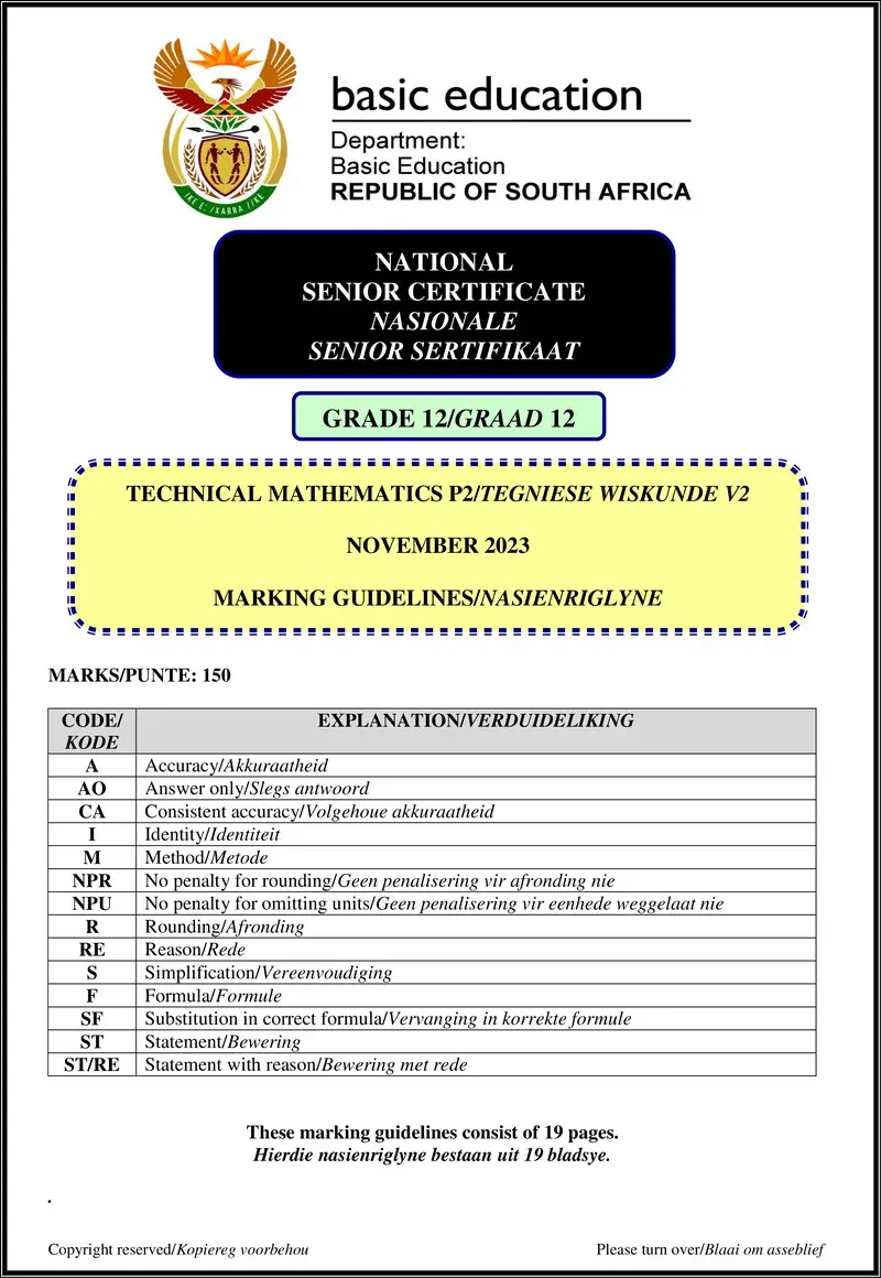 Grade 12 Mathematics past paper 2023 – technical mathematics p2 nov 2023 mg afr eng gr12