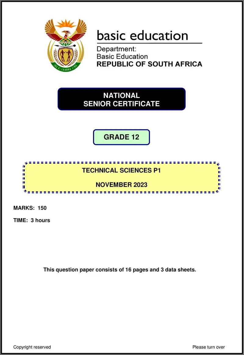 Grade 12 Technical Sciences past paper 2023 – technical sciences p1 nov 2023 eng gr12