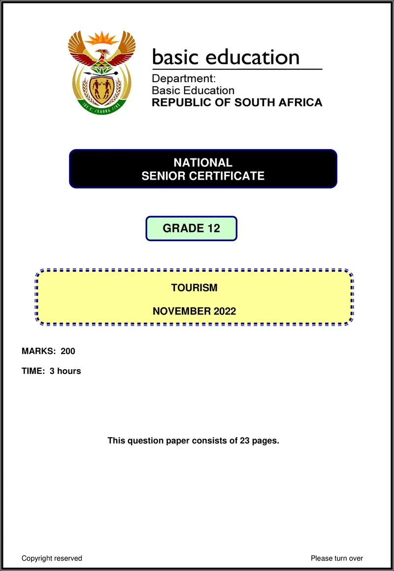 Grade 12 Tourism past paper 2022 – tourism nov 2022 eng gr12