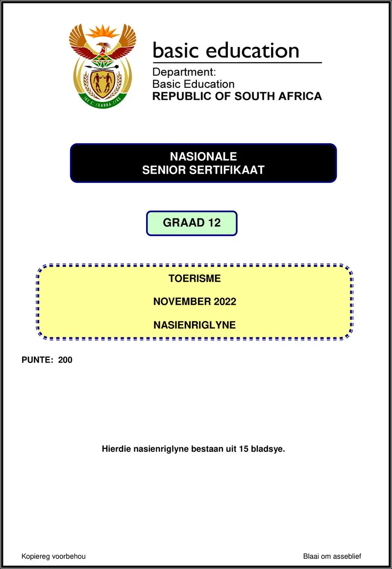 Grade 12 Tourism past paper 2022 – tourism nov 2022 mg afr gr12