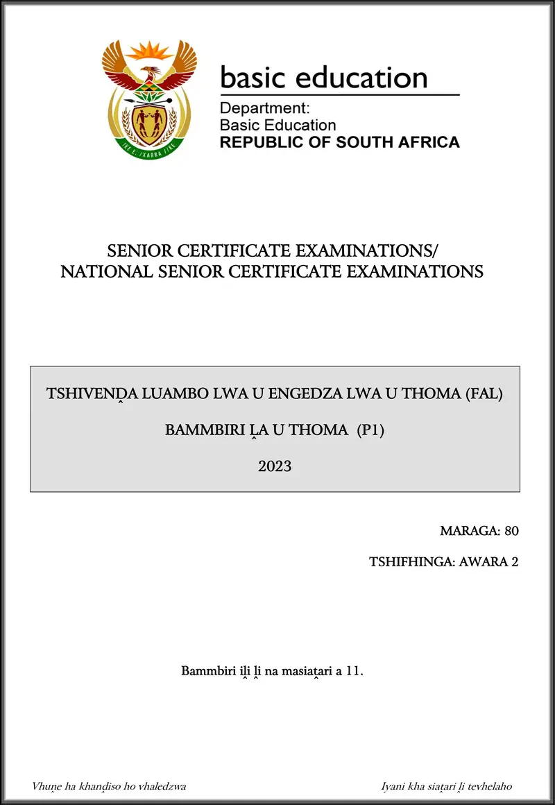 Grade 12 Tshivenda past paper 2023 – tshivenda fal p1 may june 2023 gr12