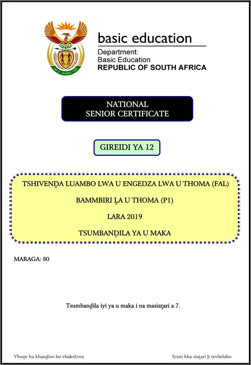 Grade 12 Tshivenda past paper 2019 – tshivenda fal p1 nov 2019 memo gr12