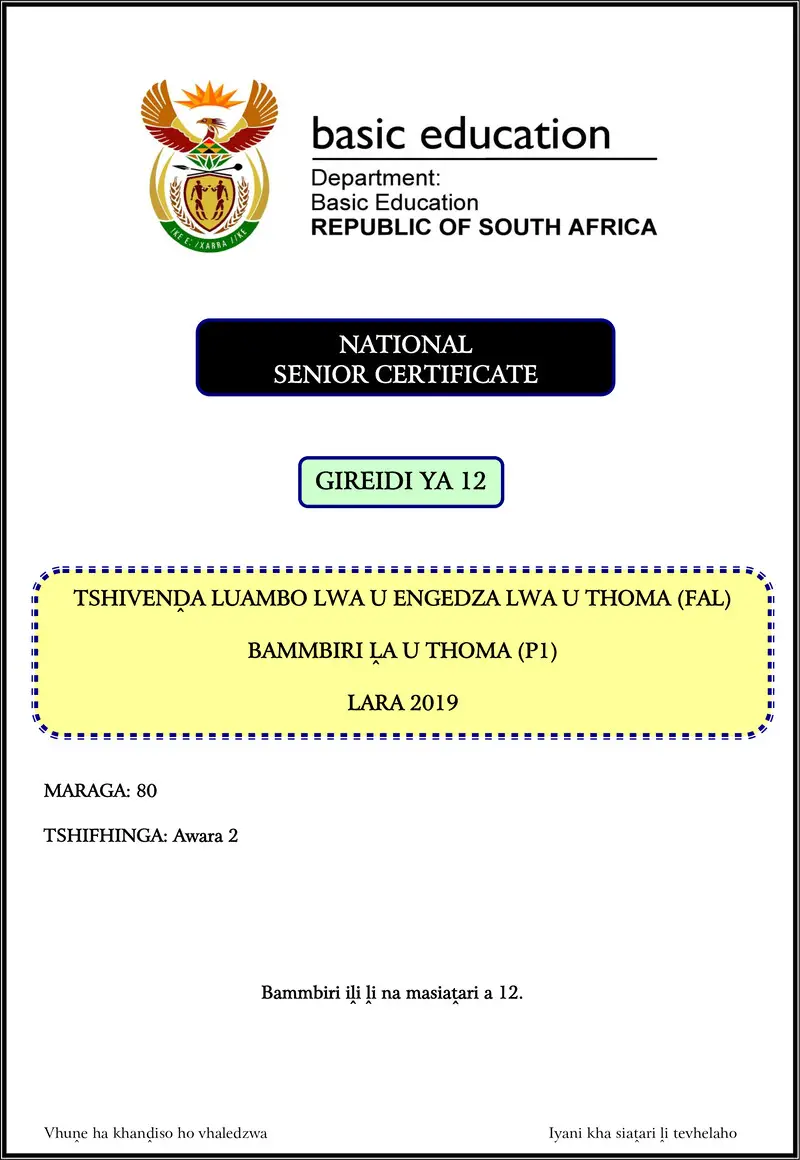 Grade 12 Tshivenda past paper 2019 – tshivenda fal p1 nov 2019 gr12