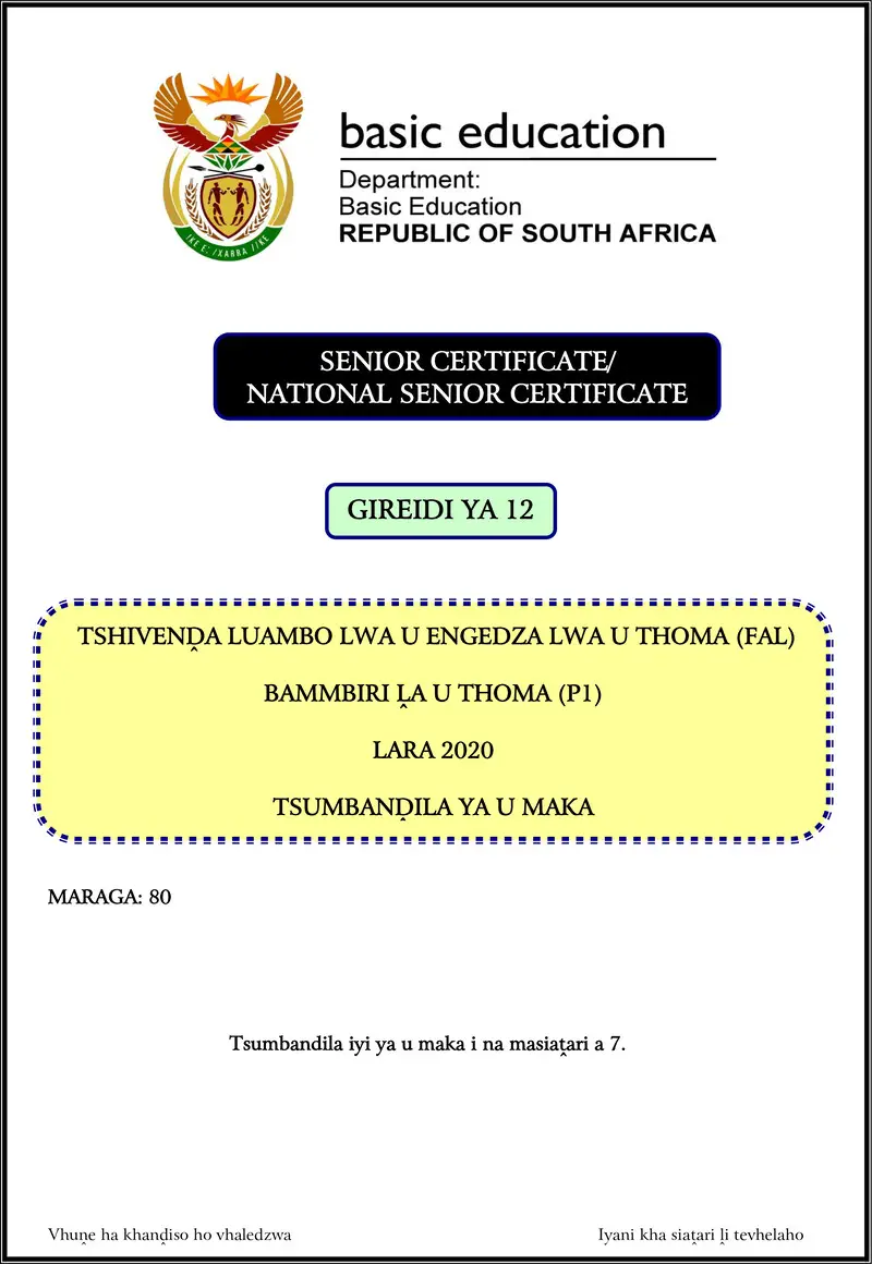 Grade 12 Tshivenda past paper 2020 – tshivenda fal p1 nov 2020 memo gr12