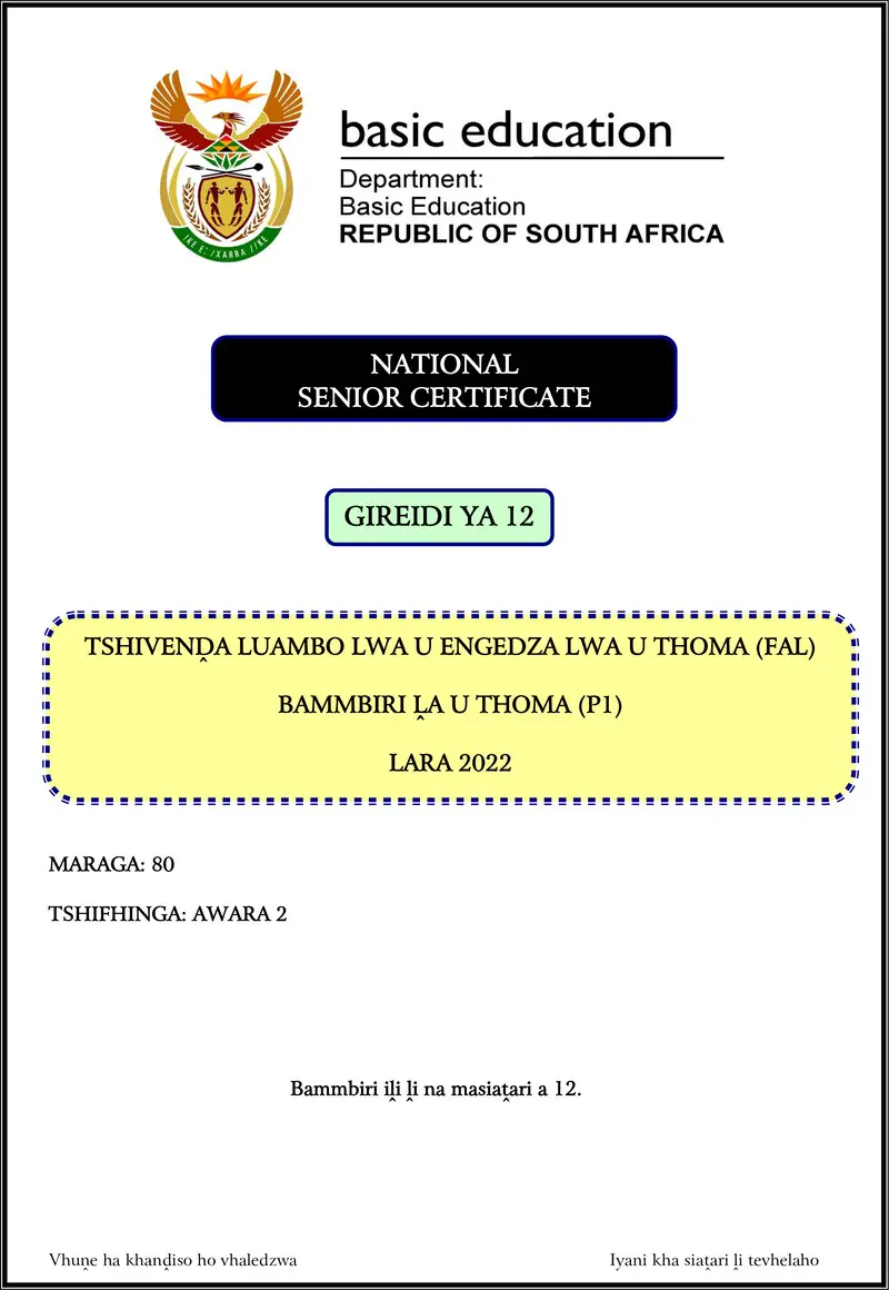 Grade 12 Tshivenda past paper 2022 – tshivenda fal p1 nov 2022 gr12