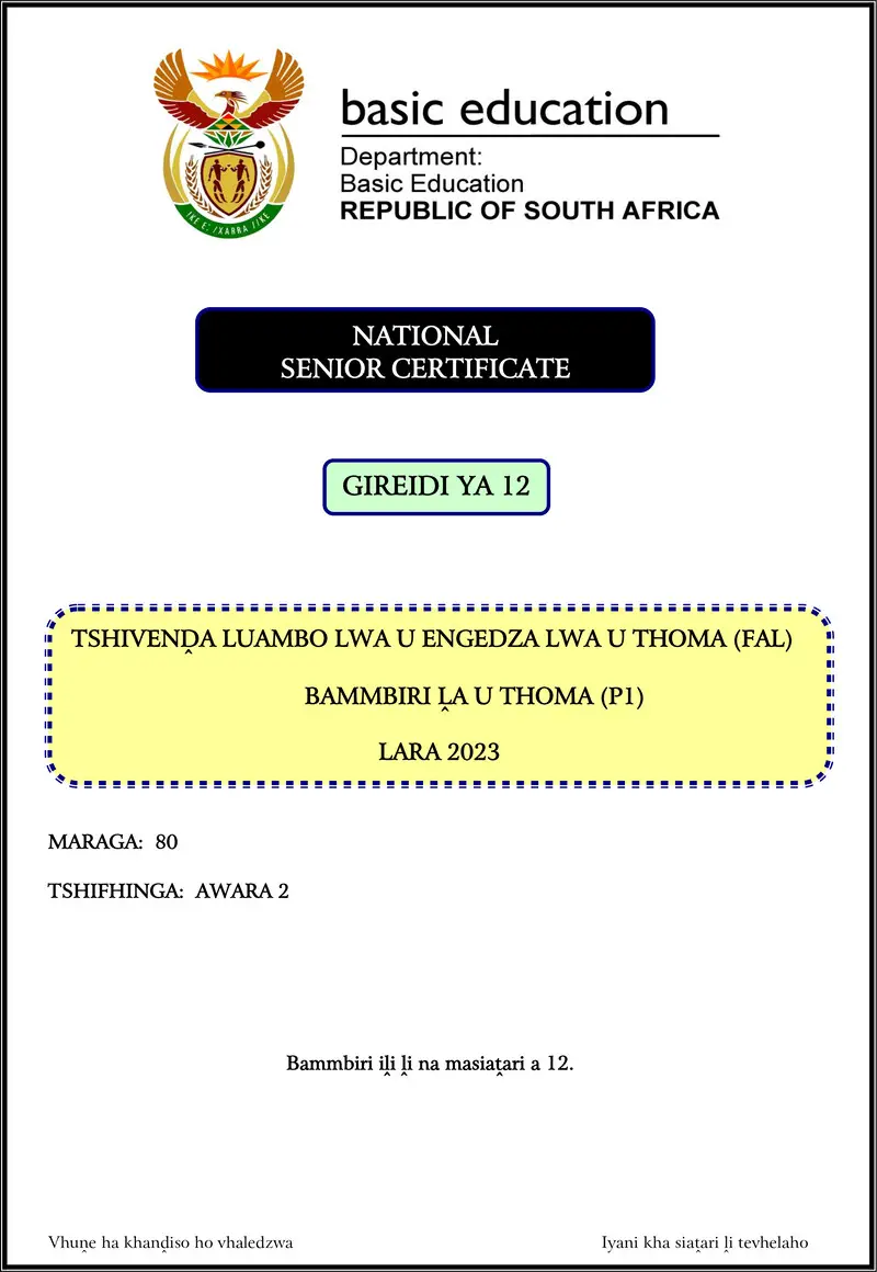Grade 12 Tshivenda past paper 2023 – tshivenda fal p1 nov 2023 gr12