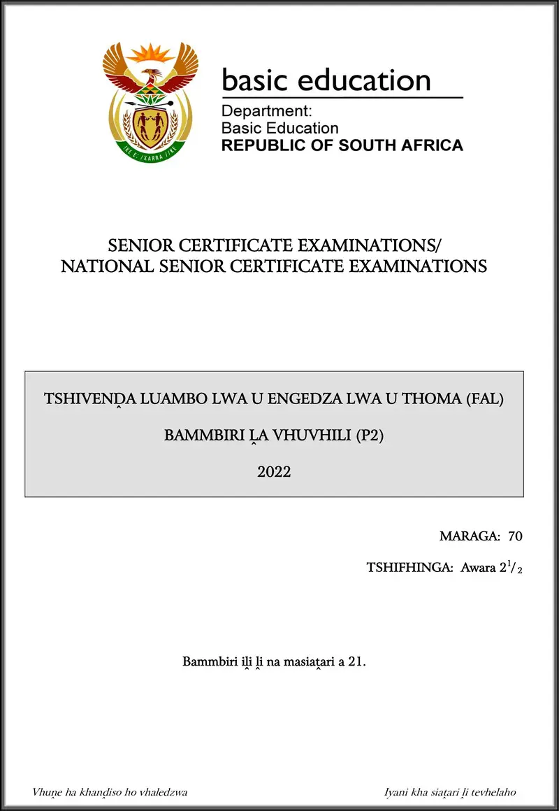 Grade 12 Tshivenda past paper 2022 – tshivenda fal p2 may june 2022 gr12