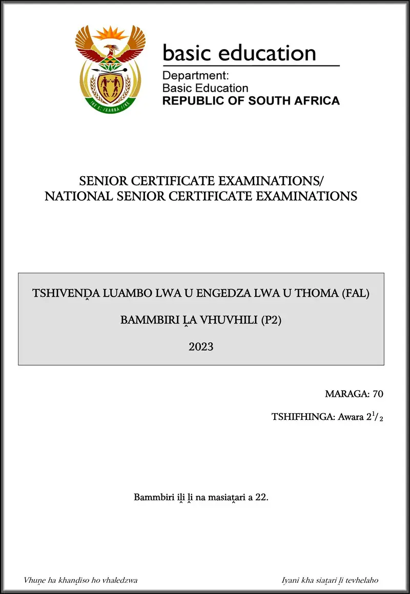 Grade 12 Tshivenda past paper 2023 – tshivenda fal p2 may june 2023 gr12