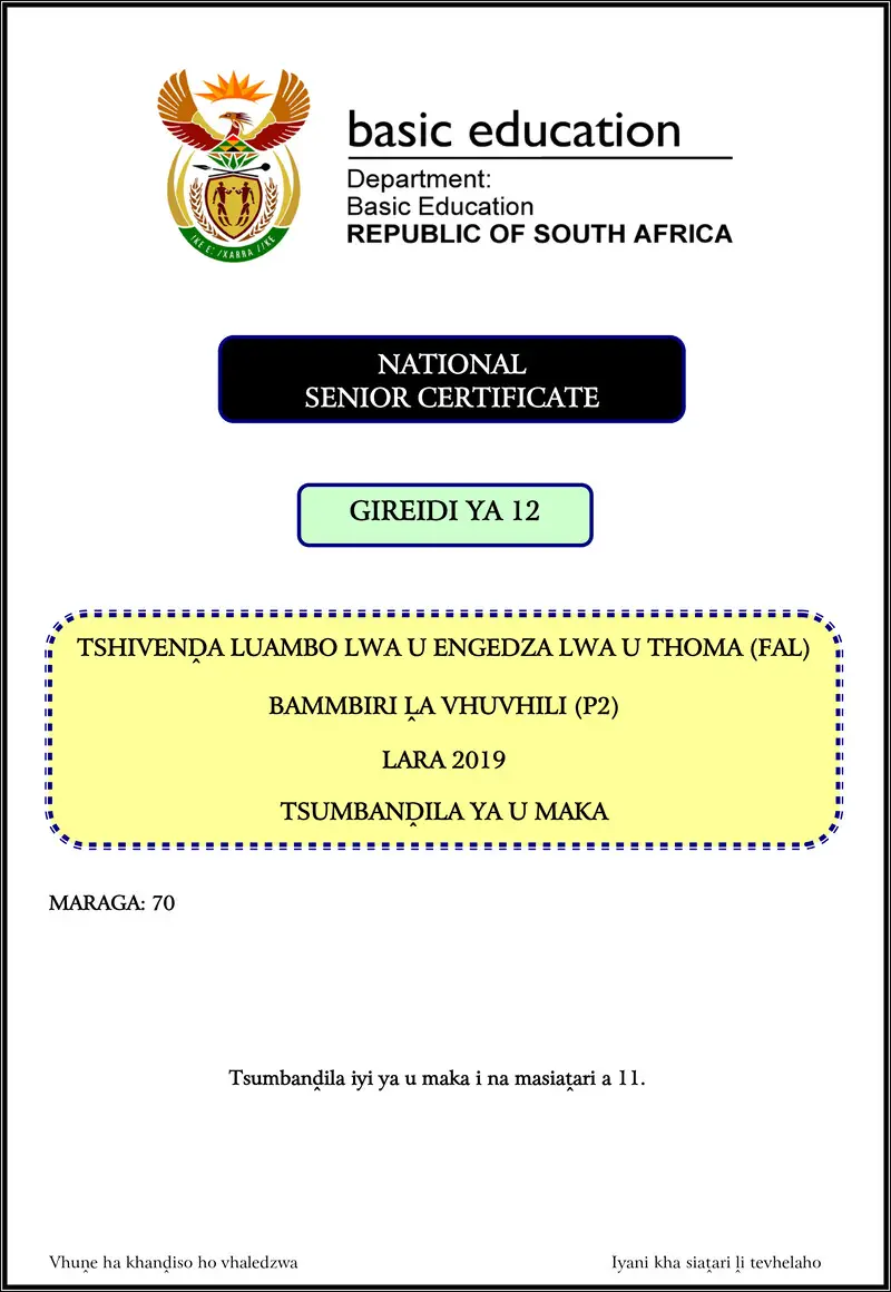 Grade 12 Tshivenda past paper 2019 – tshivenda fal p2 nov 2019 memo gr12