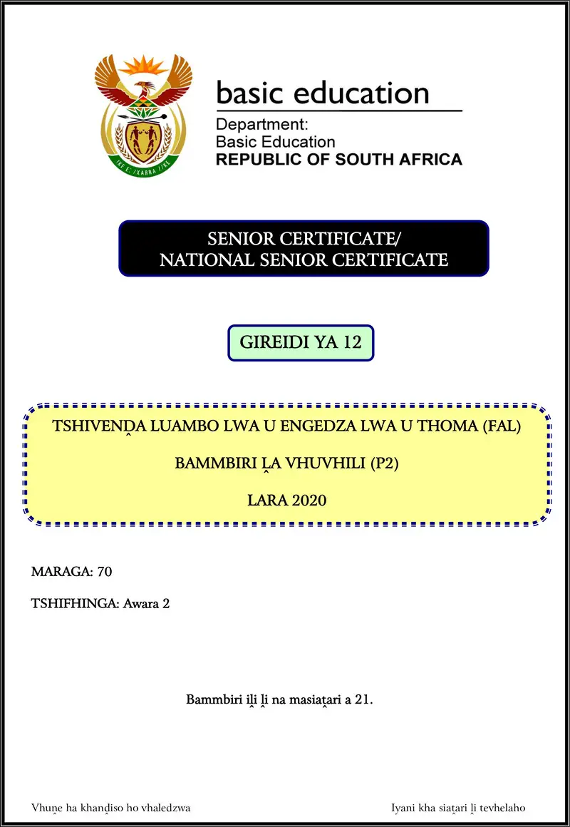 Grade 12 Tshivenda past paper 2020 – tshivenda fal p2 nov 2020 gr12