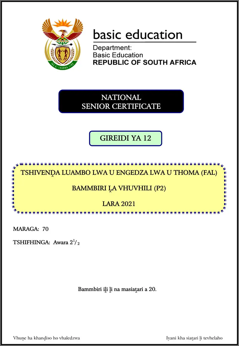 Grade 12 Tshivenda past paper 2021 – tshivenda fal p2 nov 2021 gr12