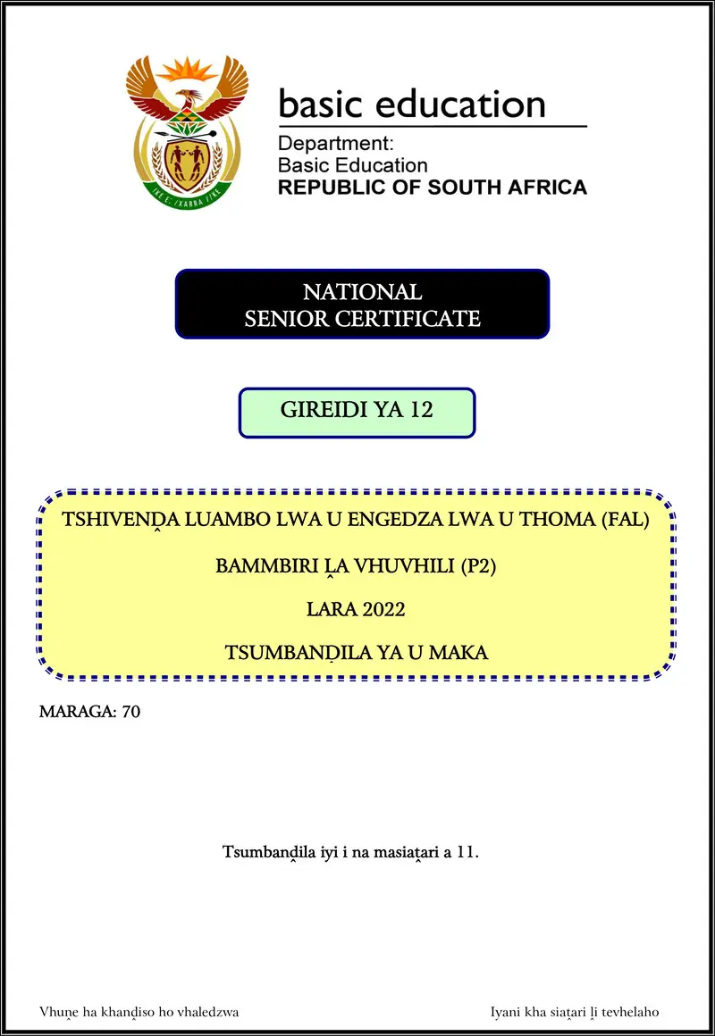 Grade 12 Tshivenda past paper 2022 – tshivenda fal p2 nov 2022 mg gr12