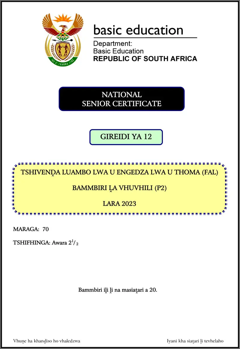 Grade 12 Tshivenda past paper 2023 – tshivenda fal p2 nov 2023 gr12