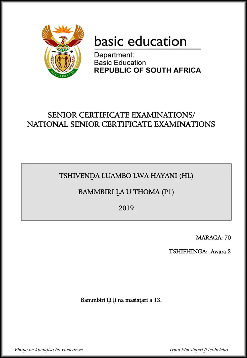 Grade 12 Tshivenda past paper 2019 – tshivenda hl p1 may june 2019 gr12