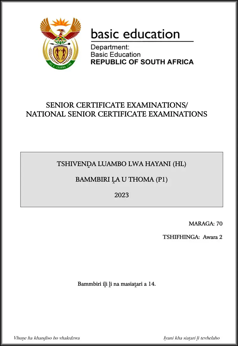 Grade 12 Tshivenda past paper 2023 – tshivenda hl p1 may june 2023 gr12