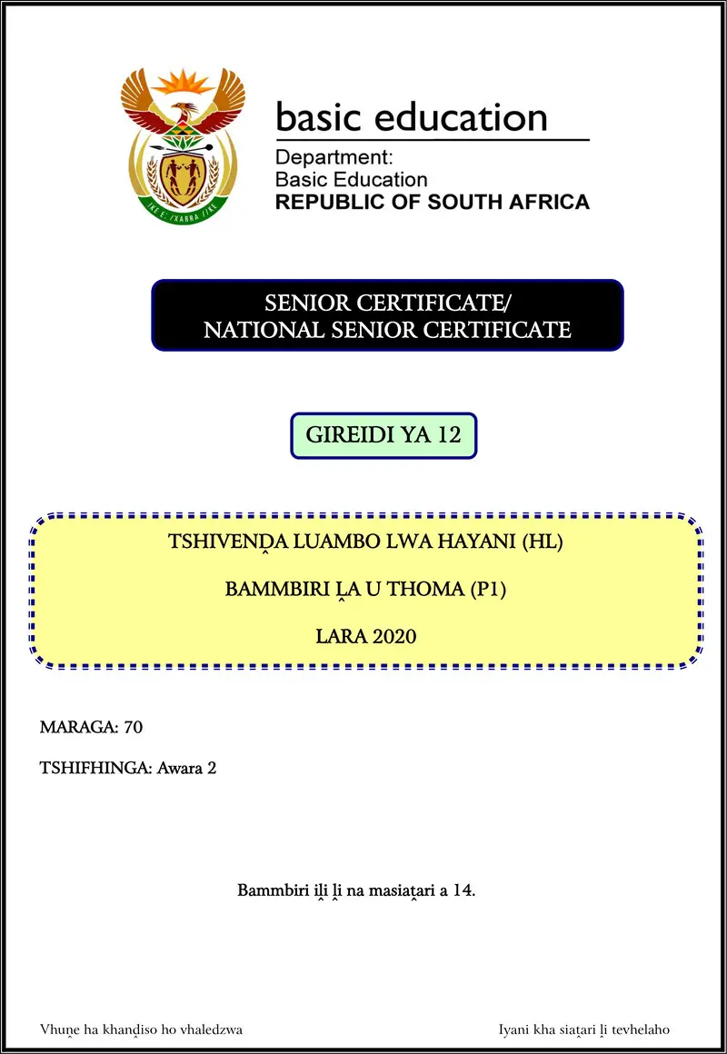 Grade 12 Tshivenda past paper 2020 – tshivenda hl p1 nov 2020 gr12