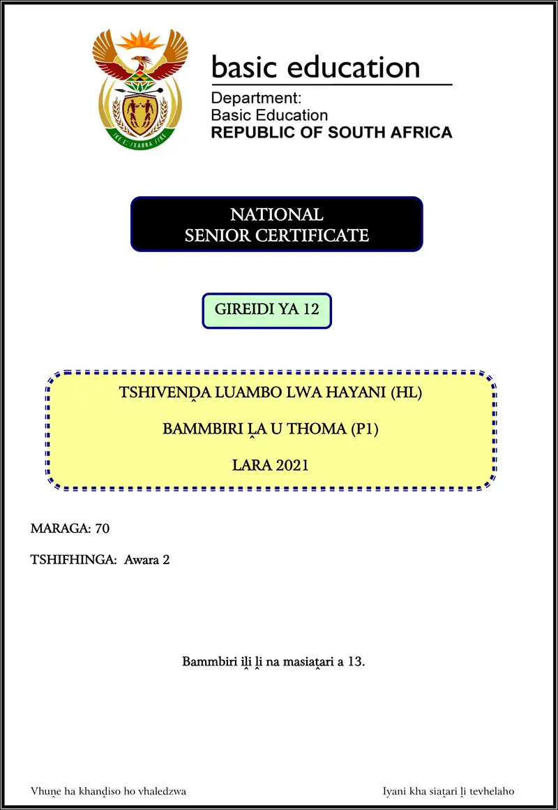 Grade 12 Tshivenda past paper 2021 – tshivenda hl p1 nov 2021 gr12