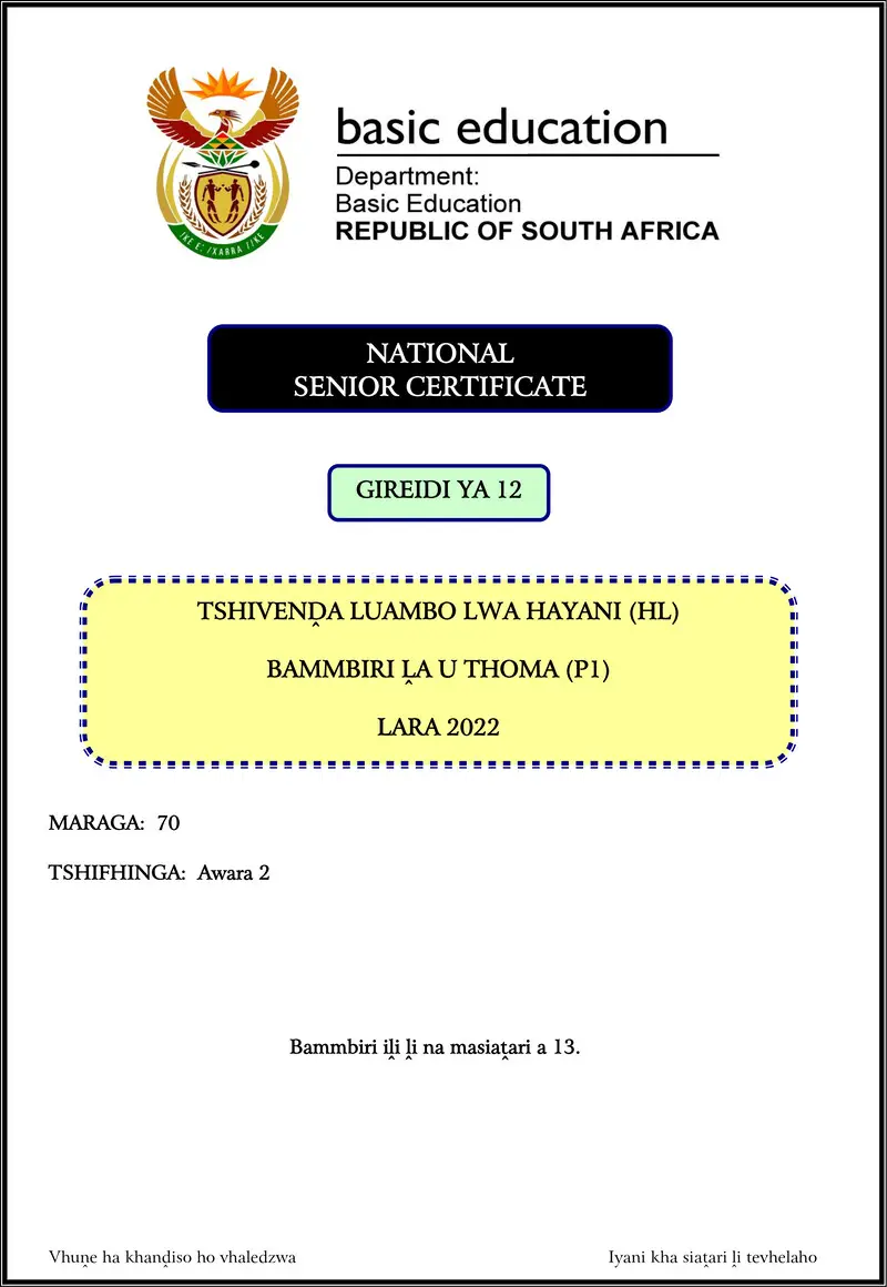 Grade 12 Tshivenda past paper 2022 – tshivenda hl p1 nov 2022 gr12