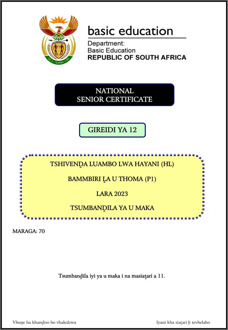 Grade 12 Tshivenda past paper 2023 – tshivenda hl p1 nov 2023 mg gr12
